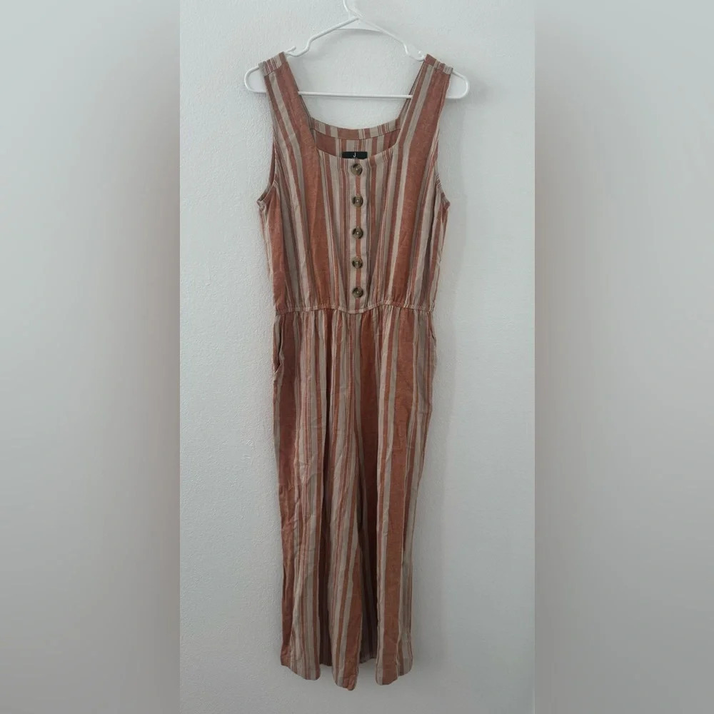 J Jason Wu Striped Linen Button Front Jumpsuit Terracotta Relaxed Comfy Small